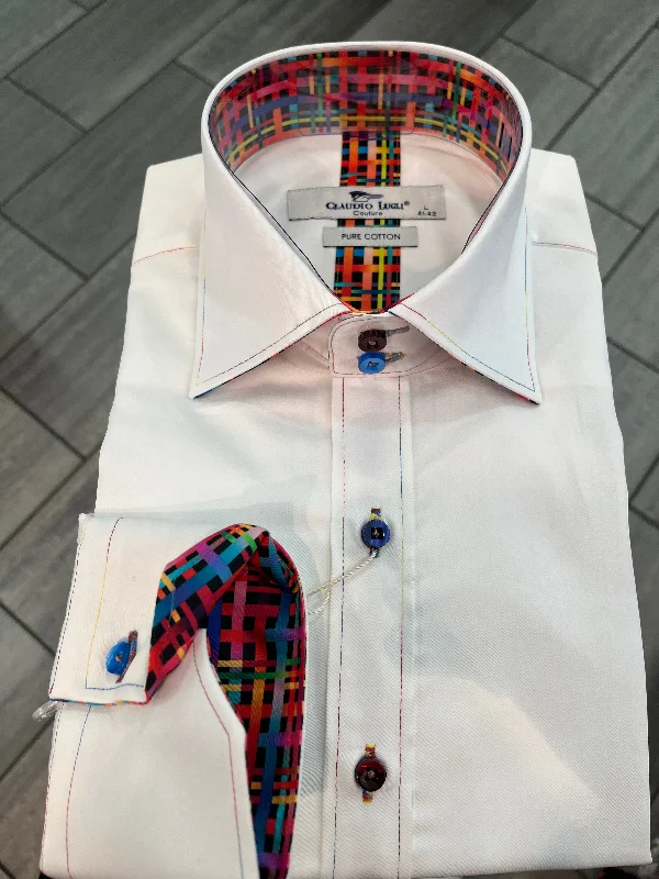 Men's Weekend Shirts for Leisurely OutingsCLAUDIO LUGLI MULTI COLOURED STITCH COLLAR MENS LONG SLEEVE SHIRT - WHITE - CP6943 Men's Weekend Shirts for Leisurely OutingsCLAUDIO LUGLI MULTI COLOURED STITCH COLLAR MENS LONG SLEEVE SHIRT - WHITE - CP6943