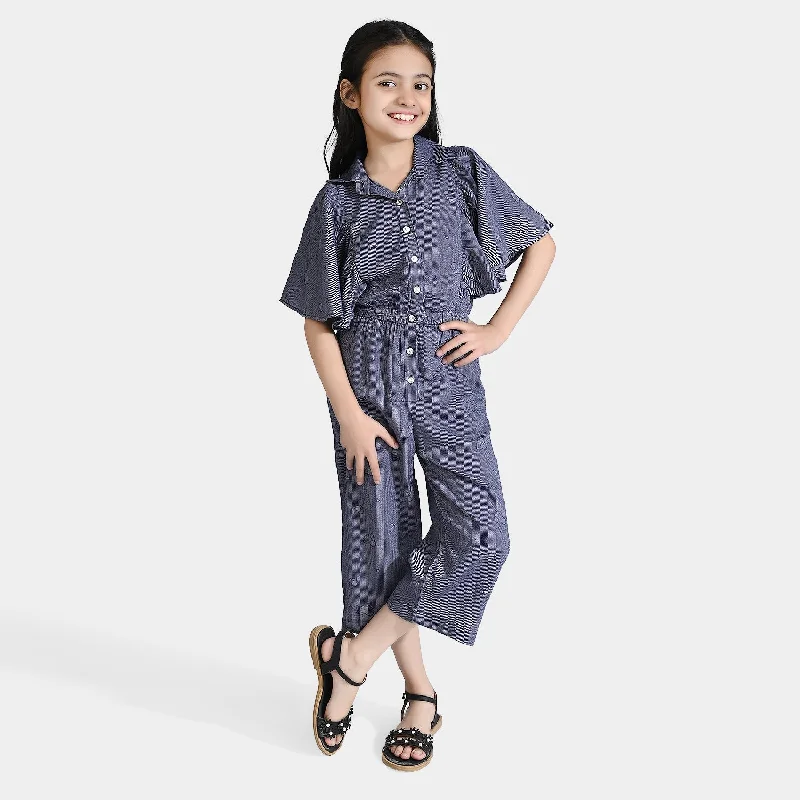Girls Poly Cotton Jumpsuit Jacquard Hearts-NAVY