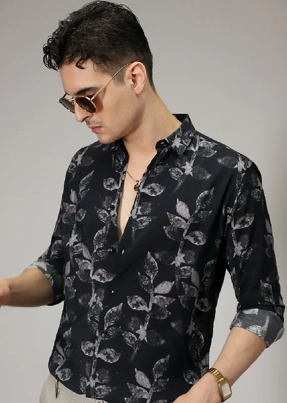 Men's Hunting Shirts for Camouflage and ComfortBlack Leaf Print Shirt