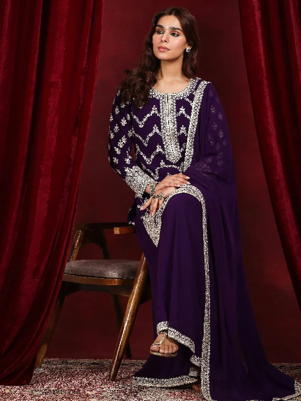 Libas Art Purple Embroidered Georgette Straight Suit With Dupatta