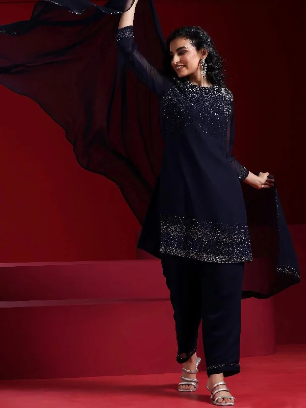 Libas Art Blue Solid Georgette Straight Suit With Dupatta