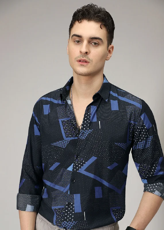 Men's Long-Sleeve Shirts for Year-Round WearBlue Abstract Geometric Print Shirt