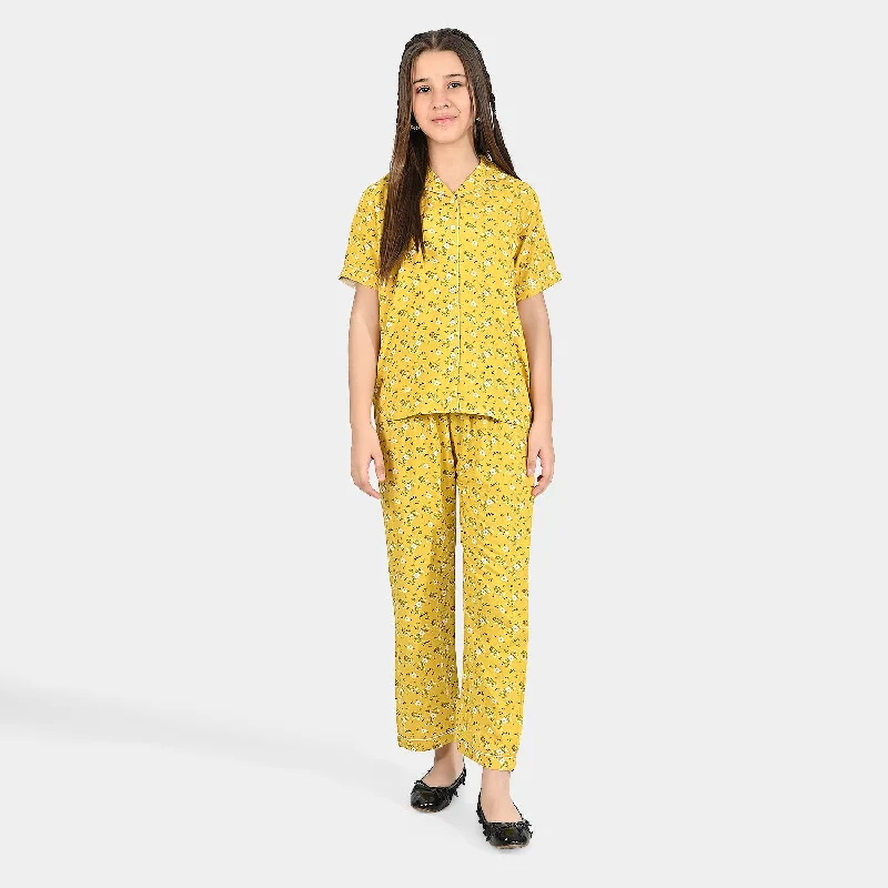 Girls Viscose Nightwear White Flowers-Yellow