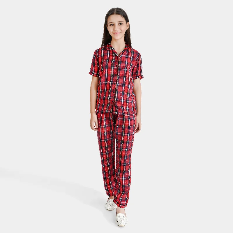 Girls Poly Cotton Woven Night Suit Red Check