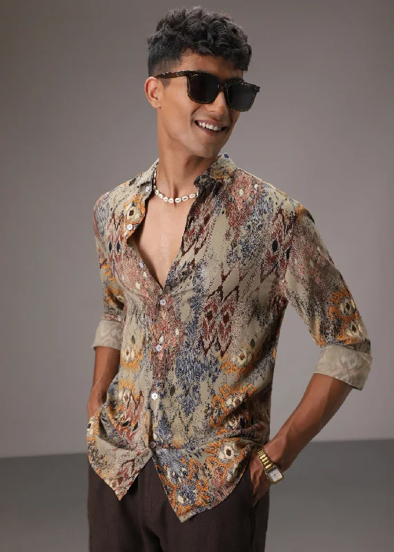 Men's Long-Sleeve Shirts for Year-Round WearLight Olive Printed Feather Shirt