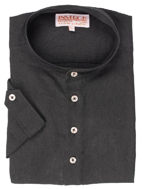 Men's Checkered Shirts for a Retro FeelMEN'S BLACK LINEN BANDED COLLAR POP OVER SHIRT BY INSERCH Men's Checkered Shirts for a Retro FeelMEN'S BLACK LINEN BANDED COLLAR POP OVER SHIRT BY INSERCH