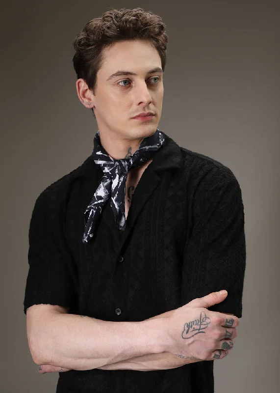 Men's Short-Sleeve Shirts for Warm WeatherNoir Black Jacquard Knitted Shirt