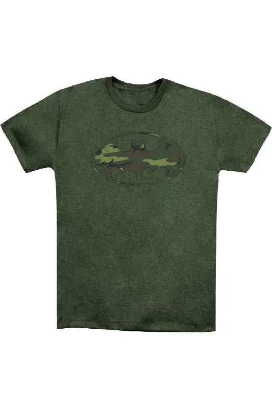 Men's Shirts with Embellished CollarsBatman Distressed Camo Shield Adult Heather Tee / T-Shirt Men's Shirts with Embellished CollarsBatman Distressed Camo Shield Adult Heather Tee / T-Shirt
