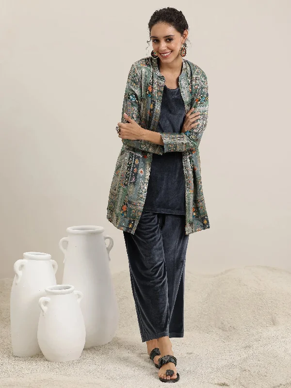 Grey Solid Velvet 3 Piece Co-Ords