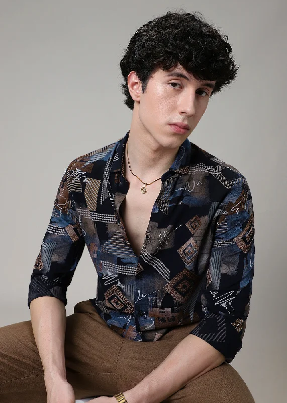 Men's Hawaiian Print Shirts for Luau PartiesBlue Abstract Geo Feather Shirt