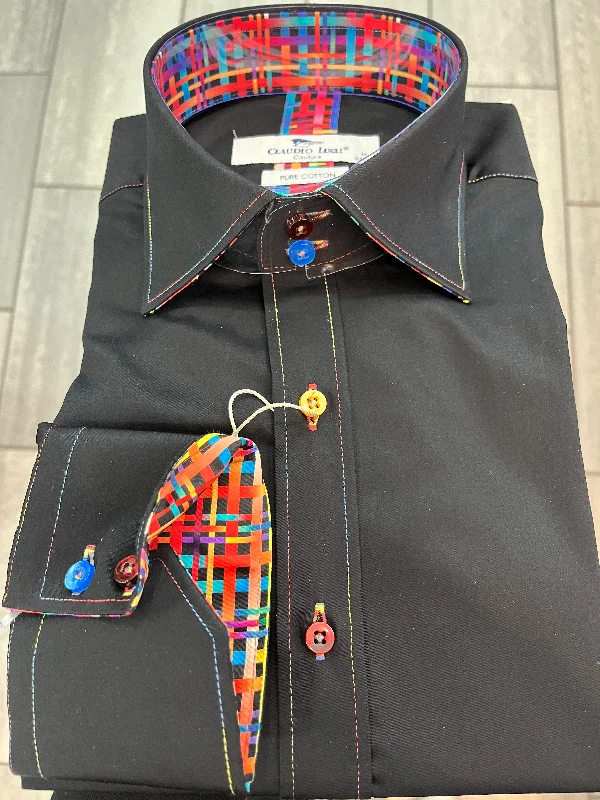 Men's Hunting Shirts for Camouflage and ComfortCLAUDIO LUGLI MULTI COLOURED STITCH COLLAR MENS LONG SLEEVE SHIRT - BLACK - CP6943