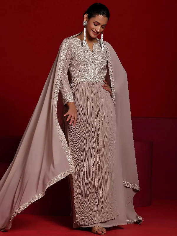 Libas Art Beige Embroidered Georgette A-Line Kurta With Palazzos & Dupatta