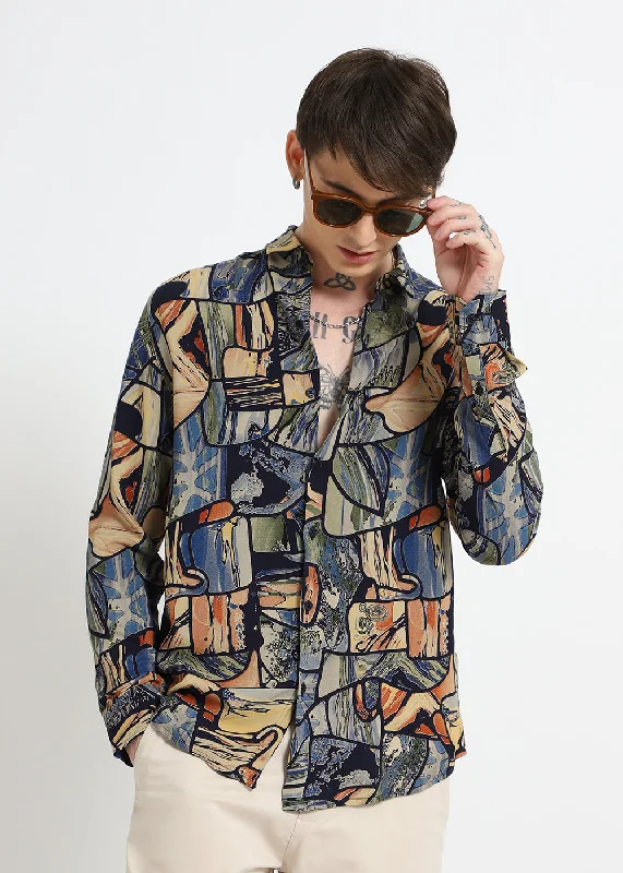 Casual Men's Button-Down ShirtsMosaic Blue Feather Shirt