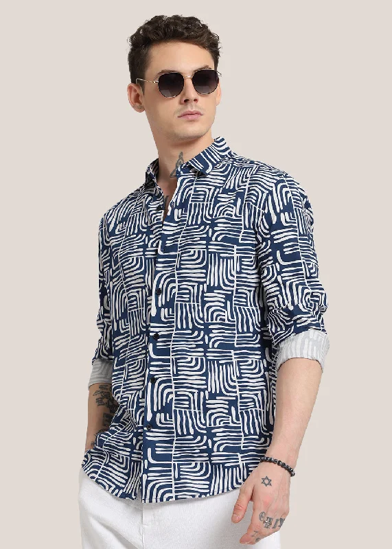 Men's Neutral-Tone Shirts for Versatile StylingArt Deco Blue Printed Shirt
