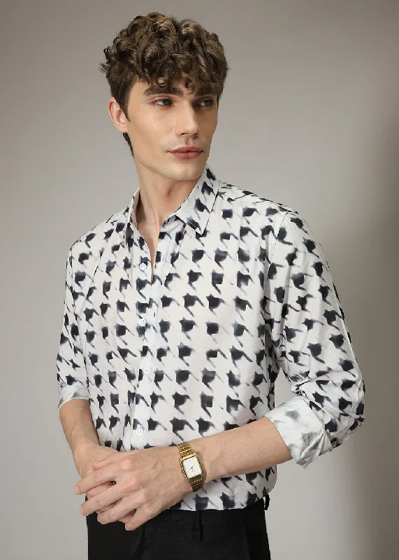 Men's Dressy Button-Down Shirts for Formal OccasionsWhite Herringbone Print Shirt