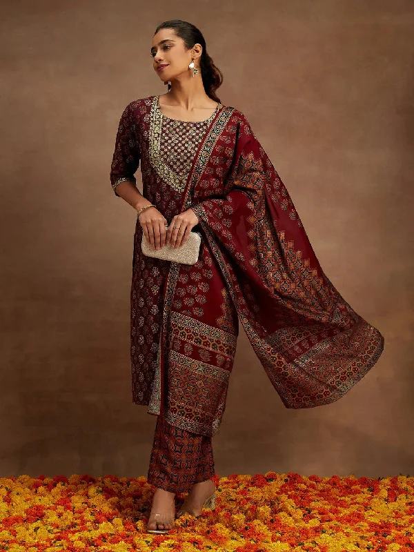 Wine Printed Silk Blend Straight Kurta Set