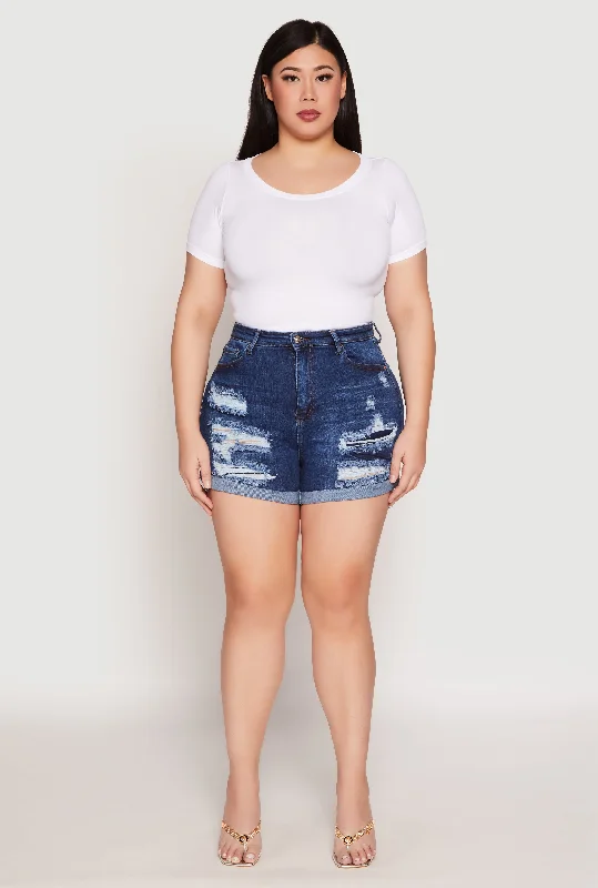 Men's Pants with Flap PocketsPlus Size WAX Distressed Denim Mom Shorts