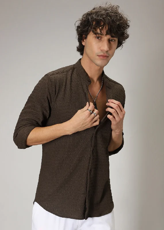 Breathable Men's Linen ShirtsMahogany Brown Knitted Crochet Shirt