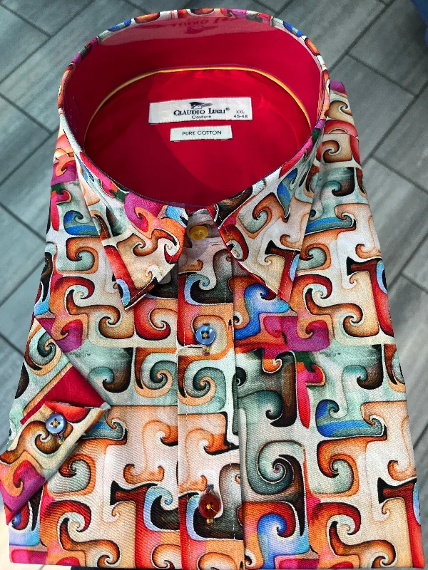 Men's Hawaiian Print Shirts for Luau PartiesCLAUDIO LUGLI JIGSAW SWIRL SHORT SLEEVE MENS SHIRT - RED - CP6474 Men's Hawaiian Print Shirts for Luau PartiesCLAUDIO LUGLI JIGSAW SWIRL SHORT SLEEVE MENS SHIRT - RED - CP6474