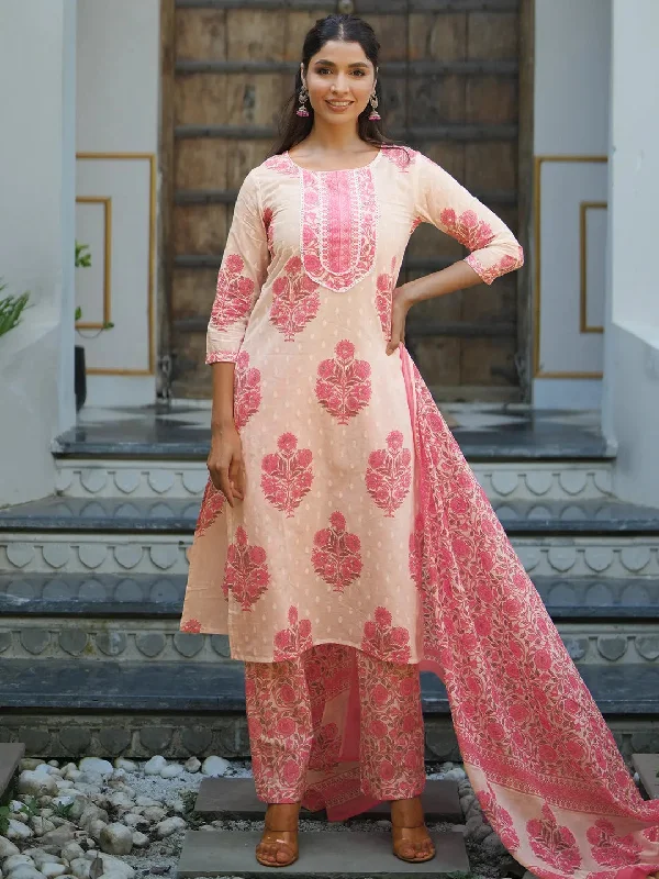 Off White Printed Cotton Straight Suit With Dupatta