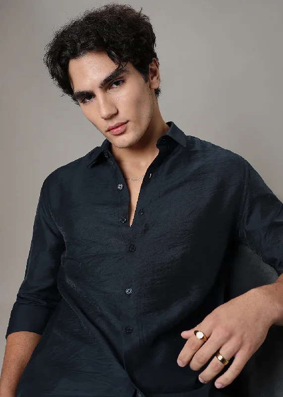 Men's Performance Shirts for Active LifestylesNavy Blue Crushed Satin Shirt