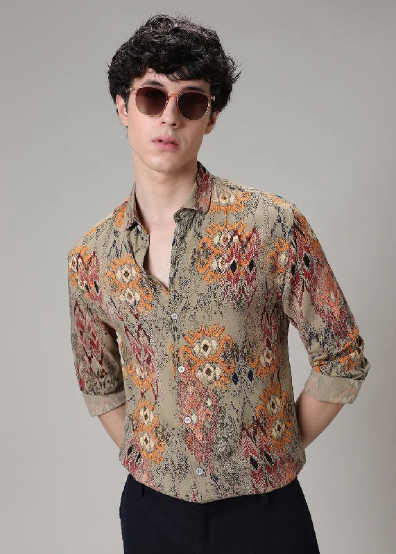 Men's Designer Dress Shirts for High-End FashionTan Printed Feather Shirt