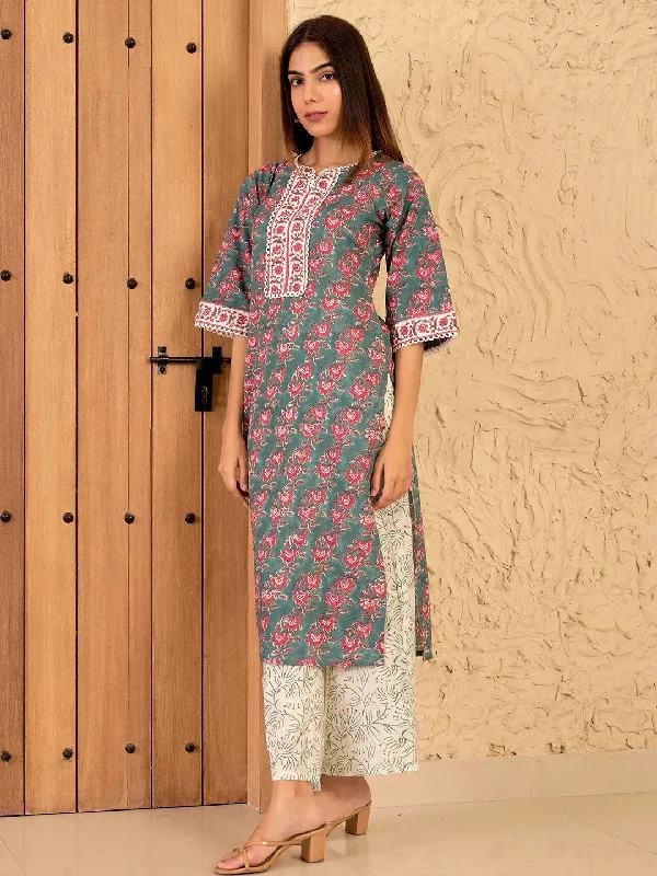 Green Printed Cotton Straight Kurta Set