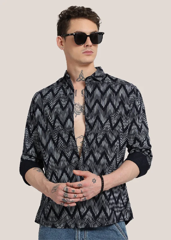 Men's Patterned Dress Casual Shirts for Smart-Casual EventsBlue Chevron Printed Shirt Men's Patterned Dress Casual Shirts for Smart-Casual EventsBlue Chevron Printed Shirt