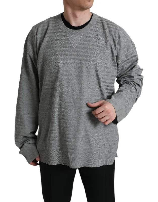 Men's Sweaters with Appliqué DetailsDolce & Gabbana Elegant Striped Silk Crewneck Men's Pullover Men's Sweaters with Appliqué DetailsDolce & Gabbana Elegant Striped Silk Crewneck Men's Pullover