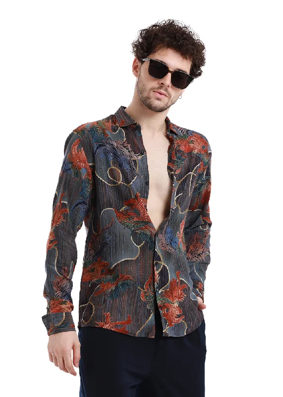 Classic Men's Dress ShirtsIndigenous Orange Print Feather Shirt