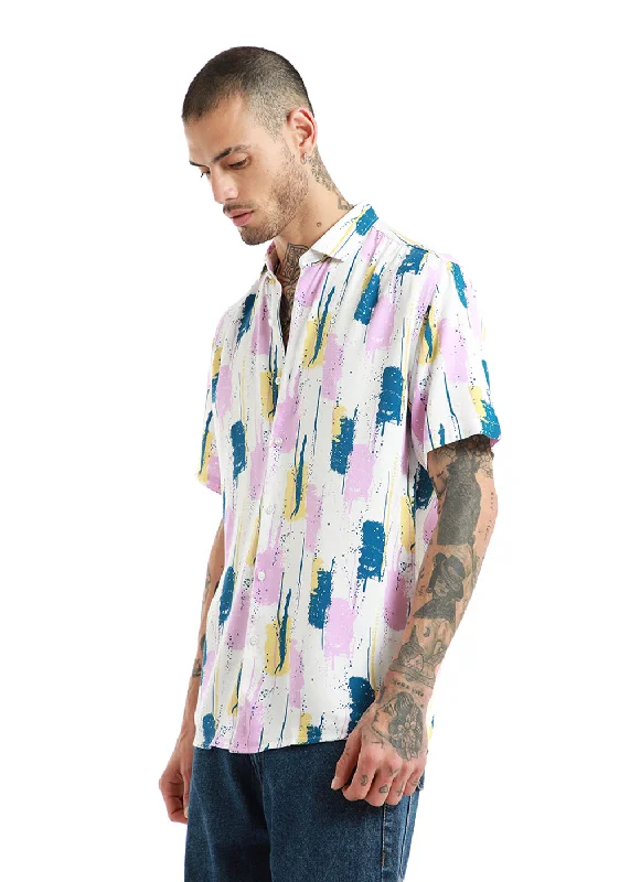 Durable Men's Work ShirtsAbstract Pink Print Half Sleeve Shirt