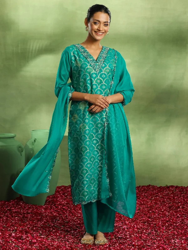 Green Woven Design Organza Straight Suit With Dupatta