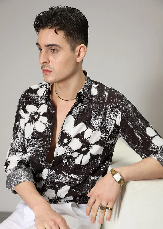 Men's Wingtip-Collar Shirts for a Classic TouchBlack Floral Line Print Shirt