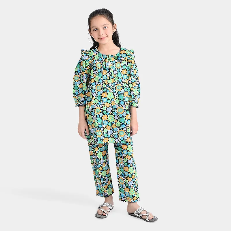 Girls Cotton Slub Printed 2 PCs Suit Doodle-Multi