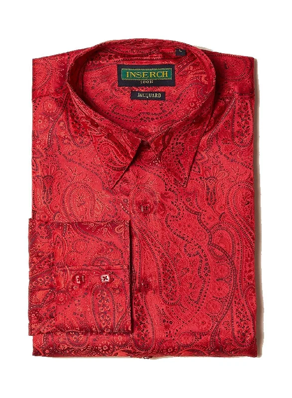 Casual Men's Button-Down ShirtsLong Sleeve Light Red Paisley Jacquard Shirt
