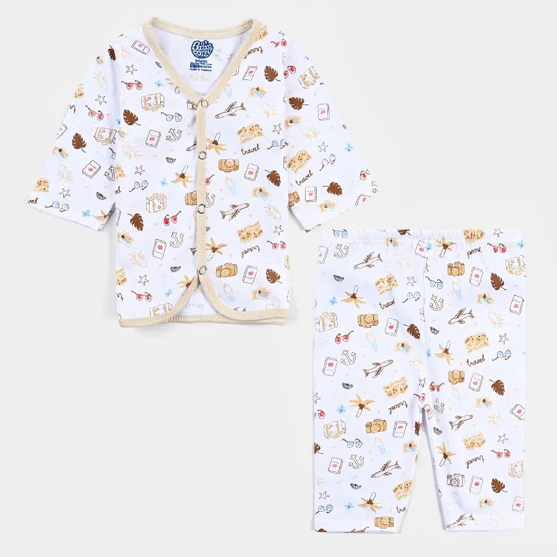 Infant Unisex Night Suit-White/Brown|6-12M