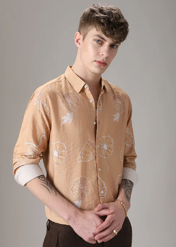 Men's V-Neck T-Shirts for a Flattering ShapeBrown Beige Floral Print Shirt