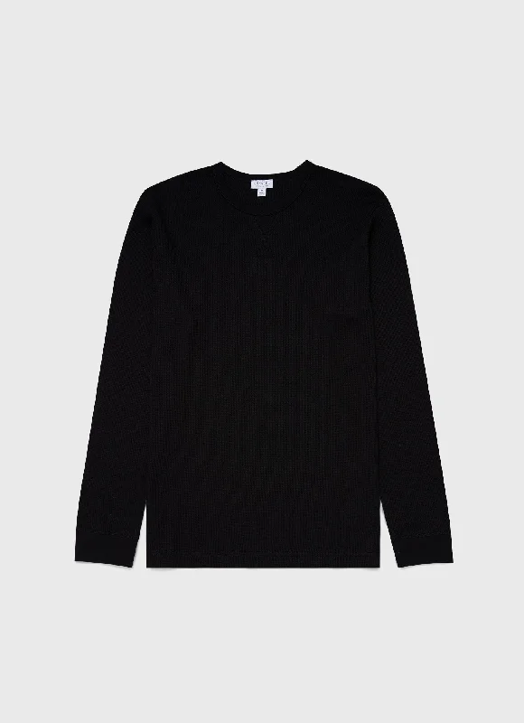 Men's Shirts with Patchwork SleevesMen's Long Sleeve Waffle T-shirt in Black