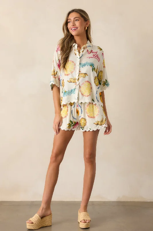 Men's Tapered Pants for a Slimming EffectSunlit Shores Ivory Tropical Fruit Print Shorts
