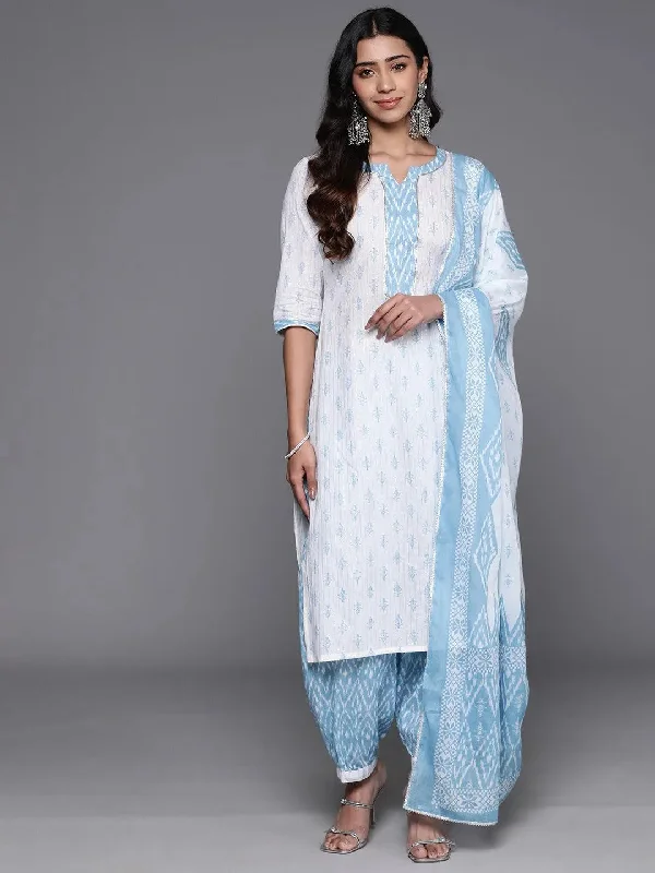 White Printed Cotton Straight Suit With Dupatta