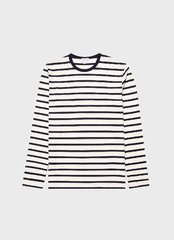 Men's Shirts with High NecksMen's Long Sleeve Classic T-shirt in Ecru/Navy Breton Stripe