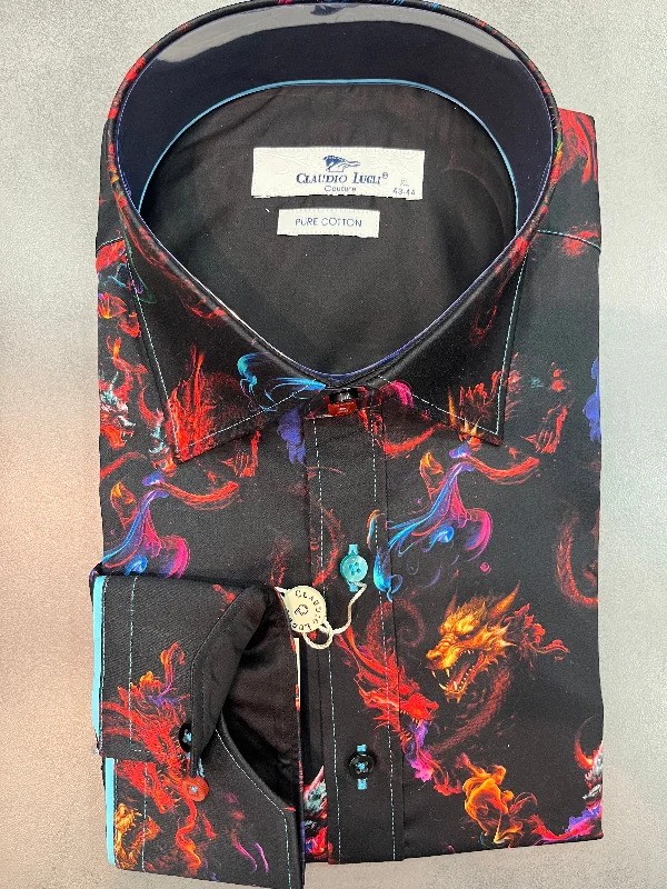 Men's Stain-Resistant Shirts for Mess-Free WearCLAUDIO LUGLI BLACK DRAGON FIRE SHIRT CP6955 Men's Stain-Resistant Shirts for Mess-Free WearCLAUDIO LUGLI BLACK DRAGON FIRE SHIRT CP6955