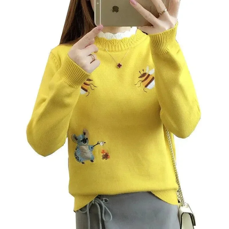 Men's Sweaters with Button CuffsEmbroidered Crewneck Women Sweater