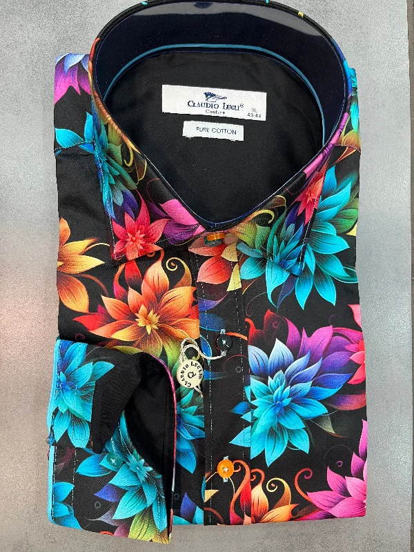 Men's Short-Sleeve Shirts for Warm WeatherCLAUDIO LUGLI RAINBOW FLORAL SHIRT CP6954 - BLACK Men's Short-Sleeve Shirts for Warm WeatherCLAUDIO LUGLI RAINBOW FLORAL SHIRT CP6954 - BLACK
