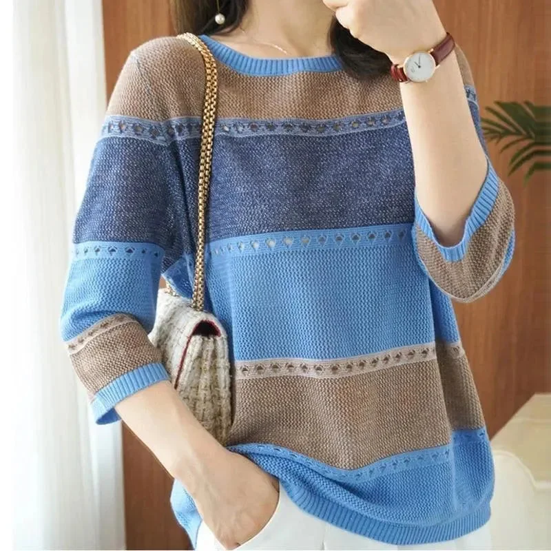 Men's Sweaters with Button-Down PlacketsHoled Round Neck Knitted Sweater