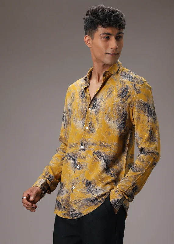 Breathable Men's Linen ShirtsMustard Abstract Feather Shirt
