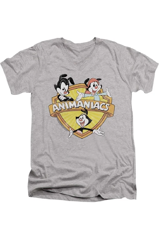 Men's Shirts with Ruffled HemlinesAnimaniacs Shielded Animaniacs Short Sleeve Adult V Neck Premium Cotton Tee / T-Shirt Men's Shirts with Ruffled HemlinesAnimaniacs Shielded Animaniacs Short Sleeve Adult V Neck Premium Cotton Tee / T-Shirt