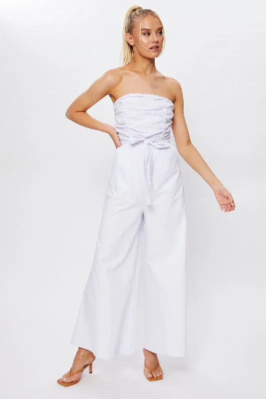White Ruched Bandeau Wide Leg Jumpsuit