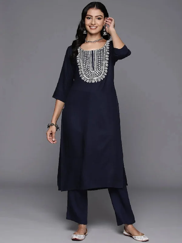 Blue Yoke Design Wool Blend Straight Kurta Set