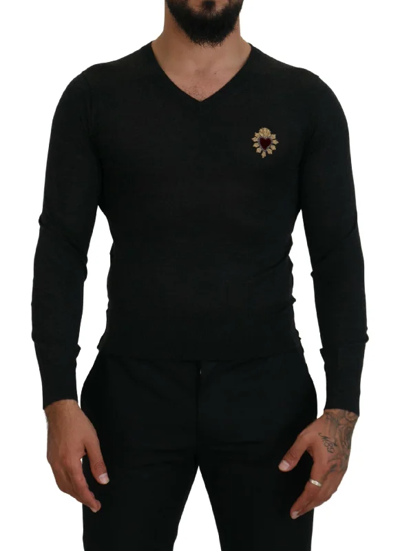 Classic Men's Wool SweatersDolce & Gabbana V-Neck Cashmere Sweater with Heart Men's Embroidery